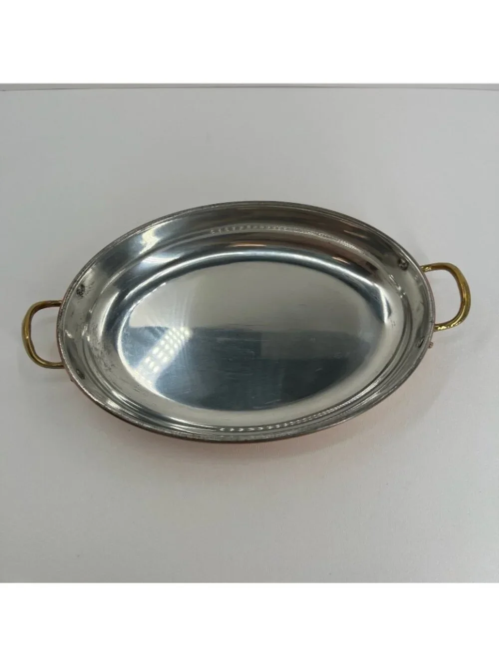 Copral Vintage Copper Oval Gratin Pan Brass Handles Tin Lined Fish Skillet 10